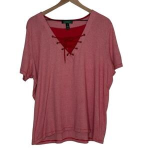Lauren Ralph Lauren Red Pin Striped V neck Short Sleeve Blouse Woman Size 3X